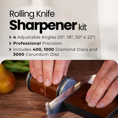 Rolling Knife Sharpener Kit – Manual Knife Sharpeners with Magnetic Holder – Kitchen Knives Sharpener with Diamond & Corundum Discs – 15°, 18°, 20° & 22°