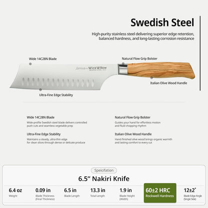 6.5” Nakiri Knife – Swedish Steel, Olive Wood Handle, Daily Prep | For vegetables, herbs and plant-based cooking with clean push cuts. Hand wash only. Gift box included.