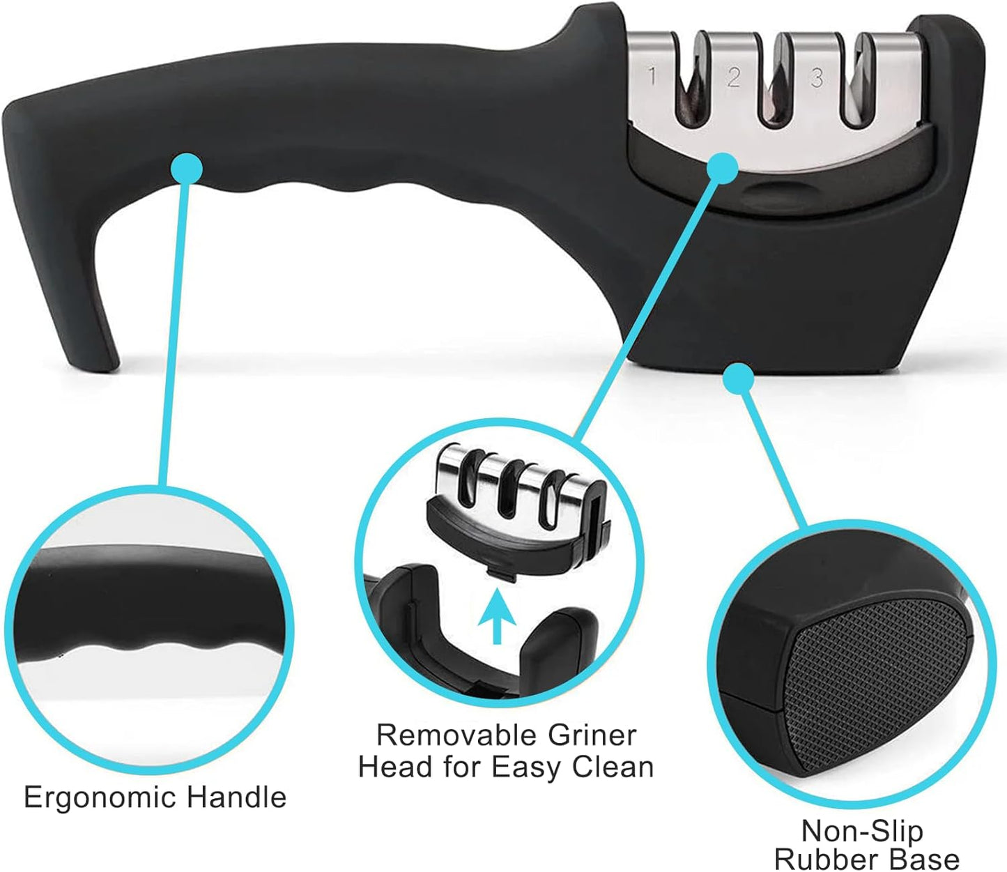 Elite Kitchen Knife Sharpener with 3 Stages, Professional Manual Blade Sharpening System, Ceramic Stone, Tungsten Carbide Plates, Diamond rods, Ergonomic Handle, Non-Slip Base,Stylish Black