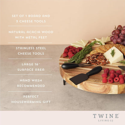 Acacia Cheese Board and Knife Set, Footed Cheese Snack Tray and Cheese Knives Set Cooking Accessories, 16inch Diameter
