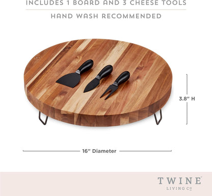 Acacia Cheese Board and Knife Set, Footed Cheese Snack Tray and Cheese Knives Set Cooking Accessories, 16inch Diameter