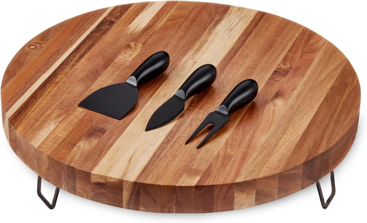 Acacia Cheese Board and Knife Set, Footed Cheese Snack Tray and Cheese Knives Set Cooking Accessories, 16inch Diameter