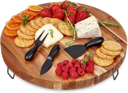 Acacia Cheese Board and Knife Set, Footed Cheese Snack Tray and Cheese Knives Set Cooking Accessories, 16inch Diameter