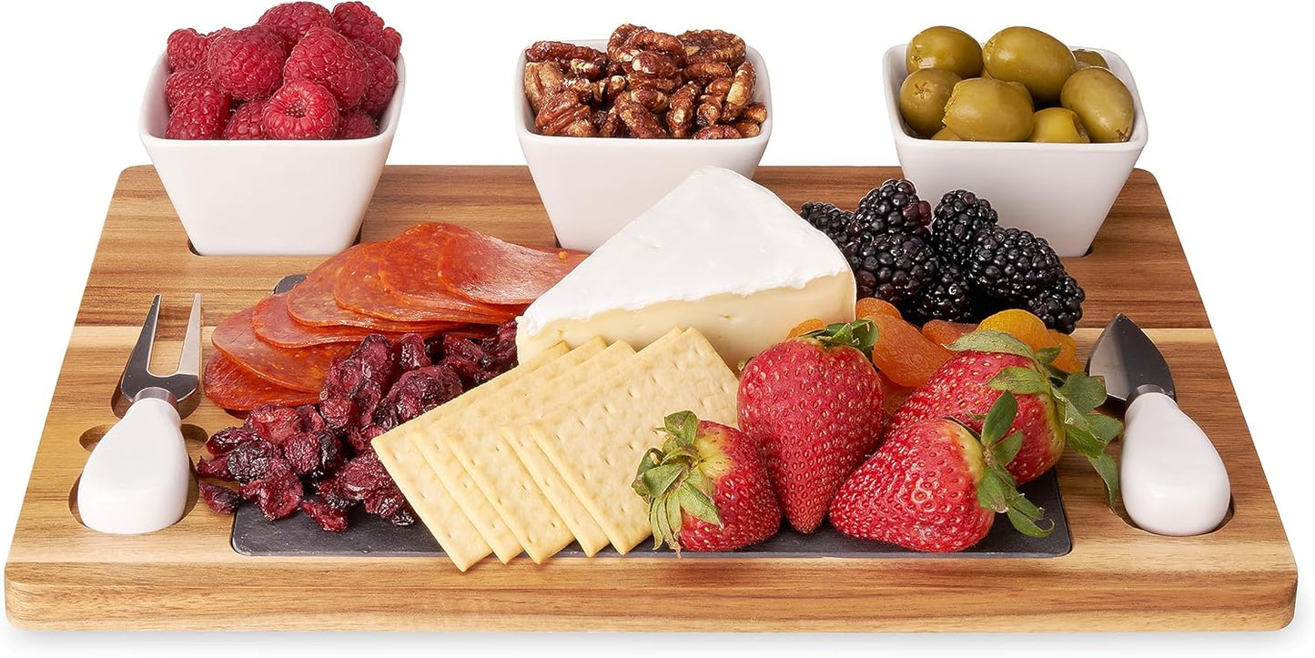 Acacia Cheese Board and Knife Set, Footed Cheese Snack Tray and Cheese Knives Set Cooking Accessories, 16inch Diameter