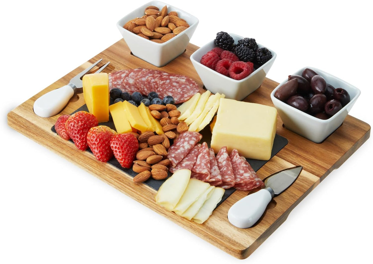 Acacia Cheese Board and Knife Set, Footed Cheese Snack Tray and Cheese Knives Set Cooking Accessories, 16inch Diameter