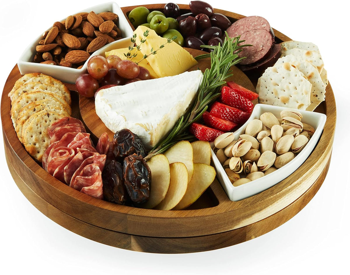 Acacia Cheese Board and Knife Set, Footed Cheese Snack Tray and Cheese Knives Set Cooking Accessories, 16inch Diameter