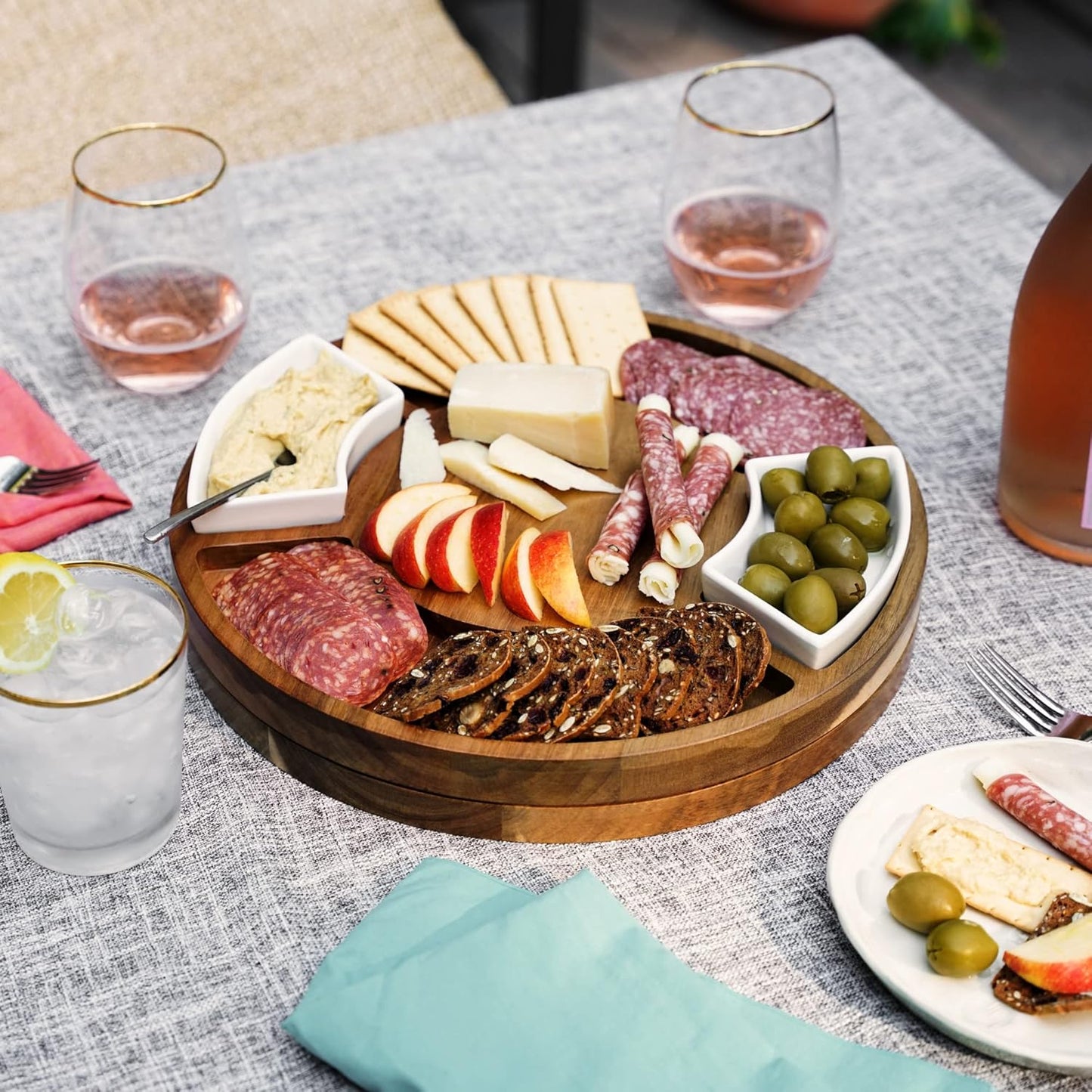 Acacia Cheese Board and Knife Set, Footed Cheese Snack Tray and Cheese Knives Set Cooking Accessories, 16inch Diameter
