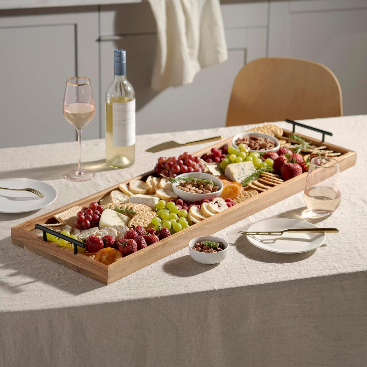 Acacia Cheese Board and Knife Set, Footed Cheese Snack Tray and Cheese Knives Set Cooking Accessories, 16inch Diameter