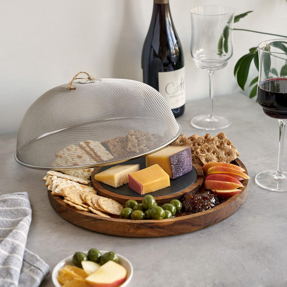 Acacia Cheese Board and Knife Set, Footed Cheese Snack Tray and Cheese Knives Set Cooking Accessories, 16inch Diameter