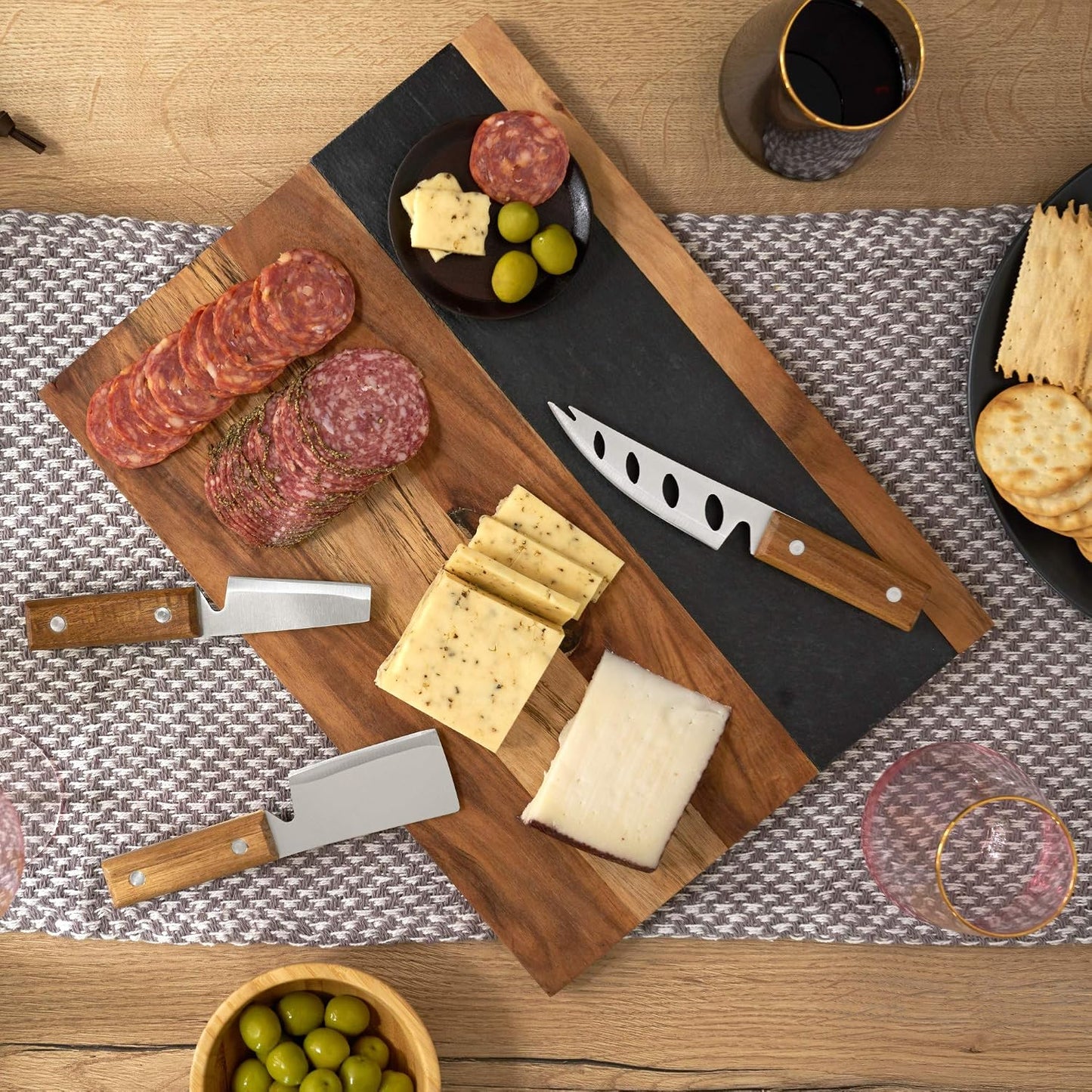 Acacia Cheese Board and Knife Set, Footed Cheese Snack Tray and Cheese Knives Set Cooking Accessories, 16inch Diameter