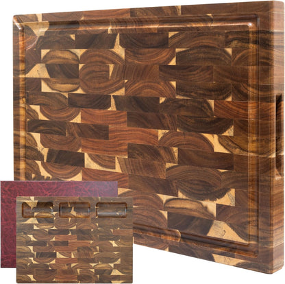 End Grain Cutting Board | Acacia Wood Butcher Block | Double-Sided with Juice Groove & 3 Storage Pockets | Durable Wooden Chopping Board for Kitchen & Meal Prep (Brown)