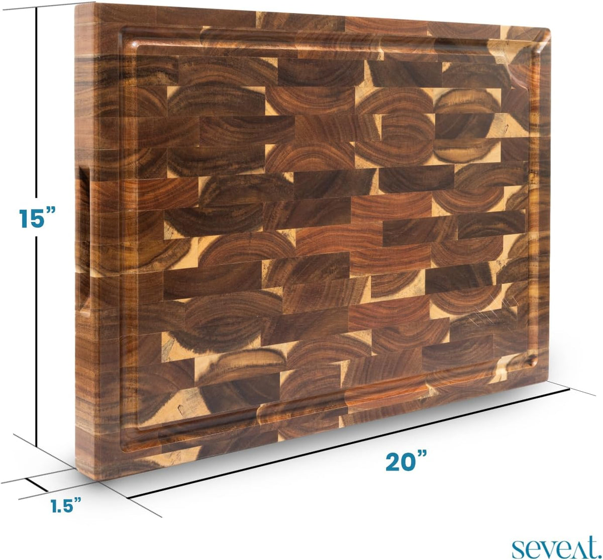 End Grain Cutting Board | Acacia Wood Butcher Block | Double-Sided with Juice Groove & 3 Storage Pockets | Durable Wooden Chopping Board for Kitchen & Meal Prep (Brown)