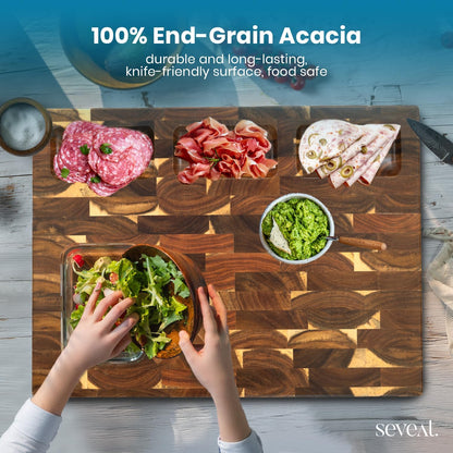 End Grain Cutting Board | Acacia Wood Butcher Block | Double-Sided with Juice Groove & 3 Storage Pockets | Durable Wooden Chopping Board for Kitchen & Meal Prep (Brown)