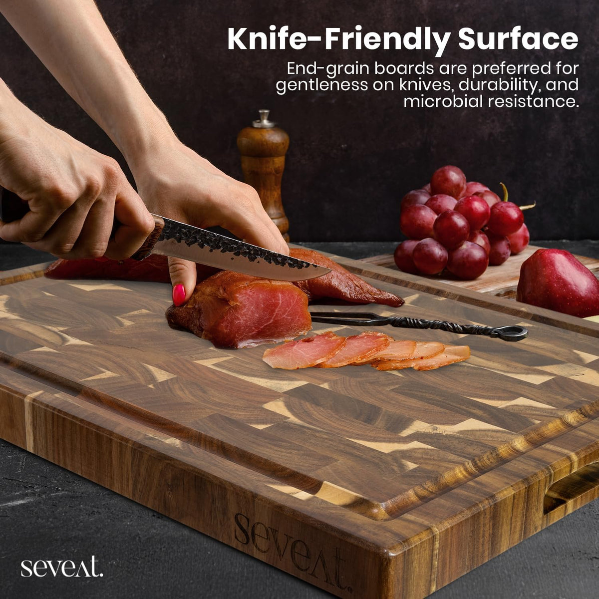 End Grain Cutting Board | Acacia Wood Butcher Block | Double-Sided with Juice Groove & 3 Storage Pockets | Durable Wooden Chopping Board for Kitchen & Meal Prep (Brown)