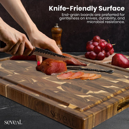 End Grain Cutting Board | Acacia Wood Butcher Block | Double-Sided with Juice Groove & 3 Storage Pockets | Durable Wooden Chopping Board for Kitchen & Meal Prep (Brown)