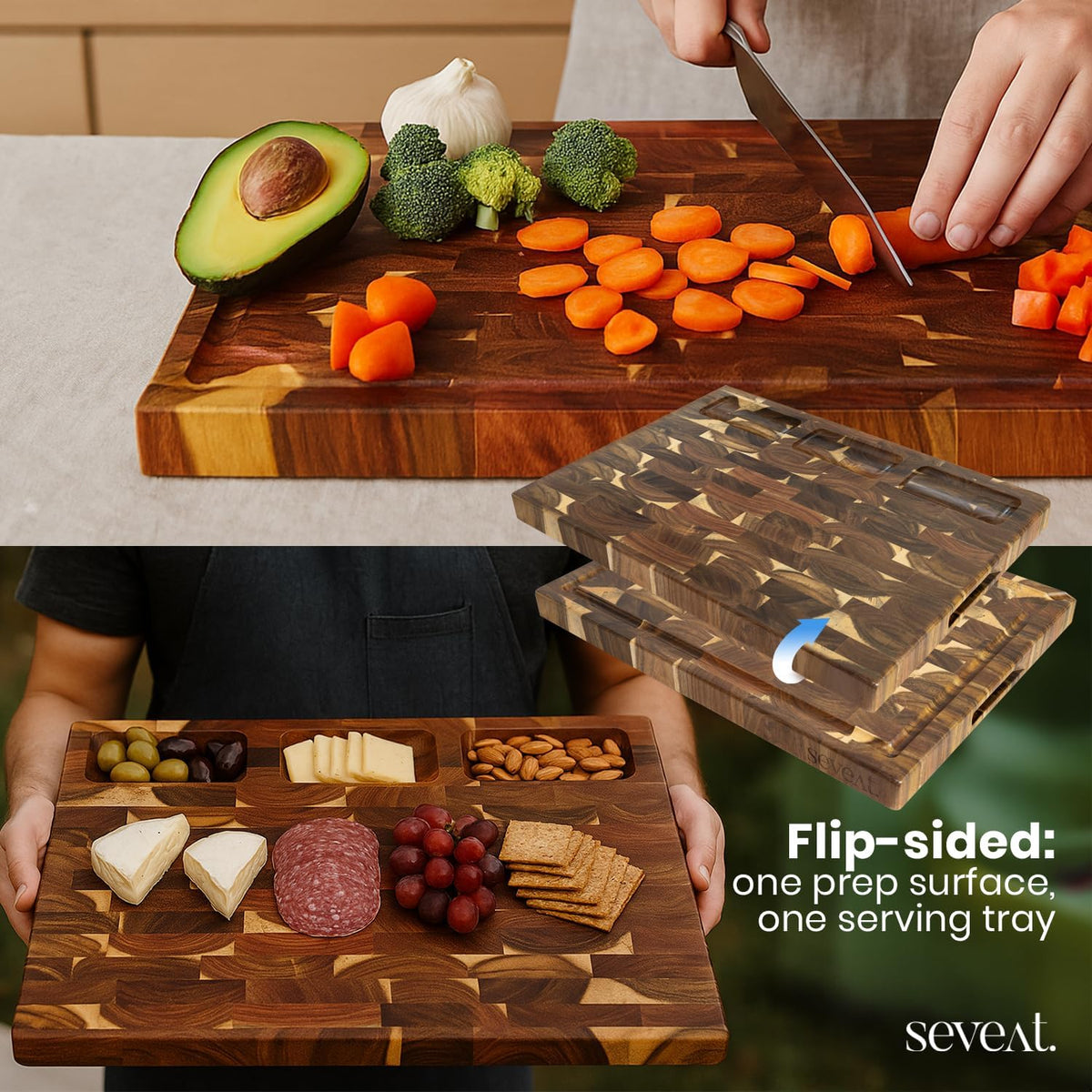 End Grain Cutting Board | Acacia Wood Butcher Block | Double-Sided with Juice Groove & 3 Storage Pockets | Durable Wooden Chopping Board for Kitchen & Meal Prep (Brown)