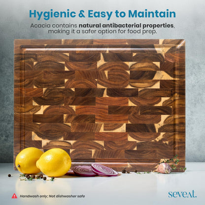 End Grain Cutting Board | Acacia Wood Butcher Block | Double-Sided with Juice Groove & 3 Storage Pockets | Durable Wooden Chopping Board for Kitchen & Meal Prep (Brown)