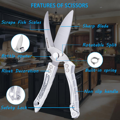 Heavy Duty Poultry Shears for Food, Dishwasher Safe Kitchen Scissor | 3CR14 All-steel Forged Multi-function Detachable Kitchen Shears for Spatchcock Turkey,Chicken,Salad