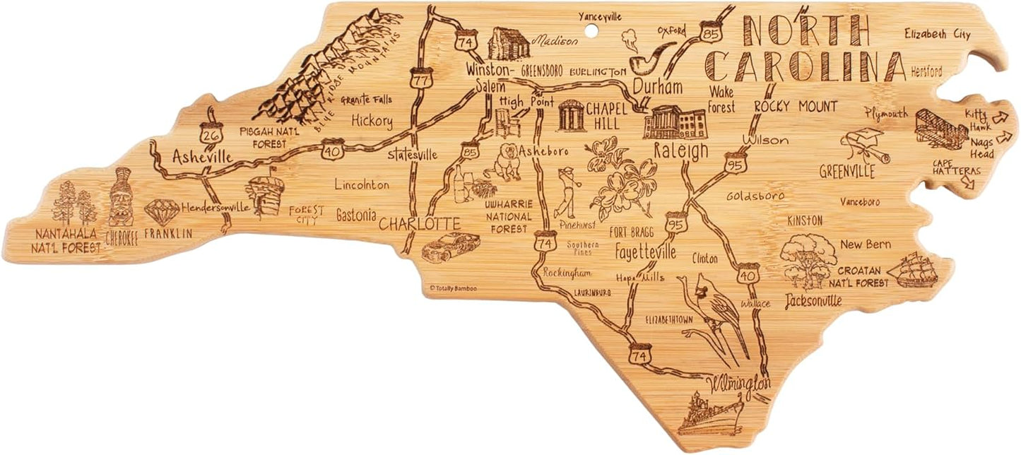 Destination North Carolina Shaped Cutting Board – Bamboo Charcuterie and Serving Board with Hang Tie for Wall Display