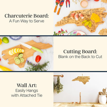 Destination North Carolina Shaped Cutting Board – Bamboo Charcuterie and Serving Board with Hang Tie for Wall Display