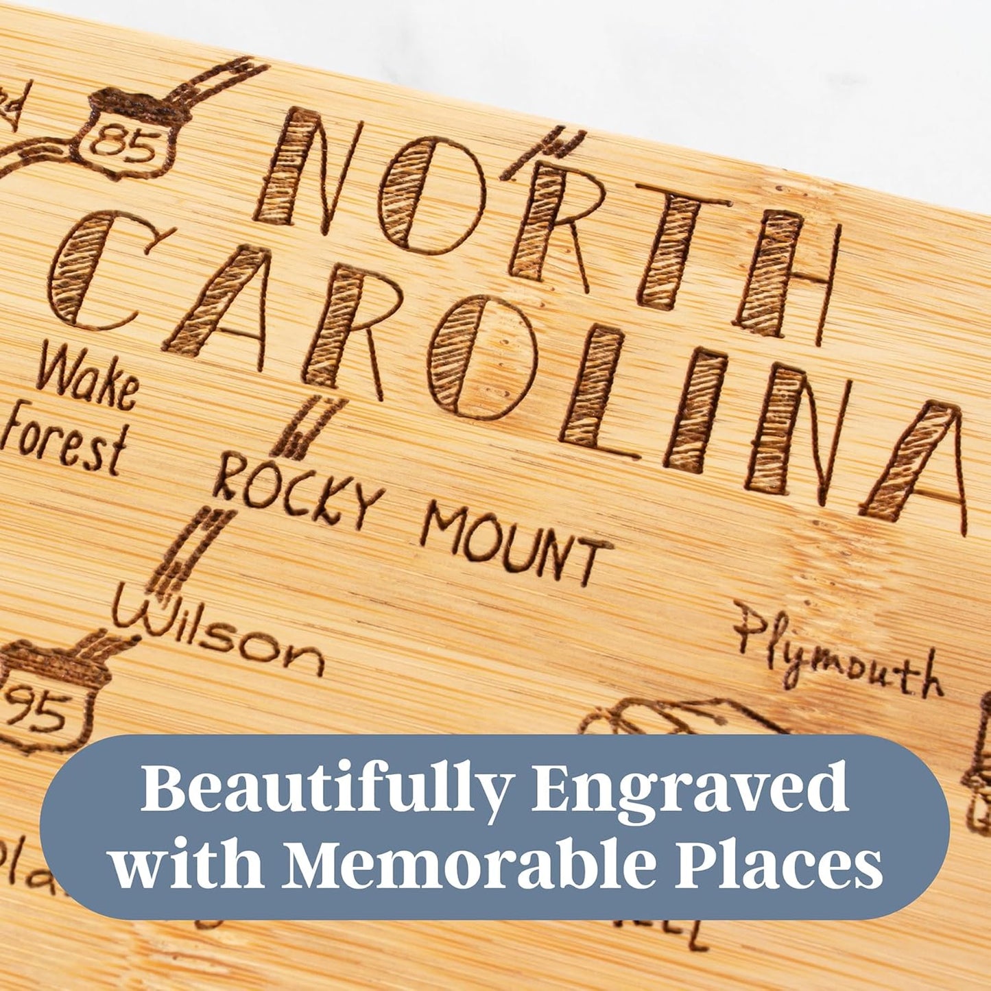 Destination North Carolina Shaped Cutting Board – Bamboo Charcuterie and Serving Board with Hang Tie for Wall Display