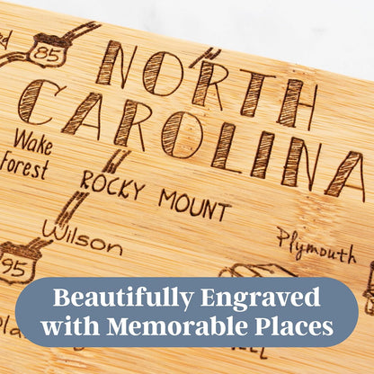 Destination North Carolina Shaped Cutting Board – Bamboo Charcuterie and Serving Board with Hang Tie for Wall Display