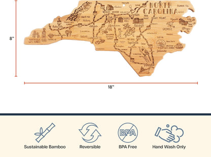 Destination North Carolina Shaped Cutting Board – Bamboo Charcuterie and Serving Board with Hang Tie for Wall Display