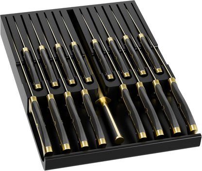 Bamboo In-drawer Knife Block - Kitchen Knife Drawer Organizer Insert, Knife Holder without Knives Large, Drawer Knife Organizer Fits for 16 knives and 1 Sharpening Steel (Not Included), Black