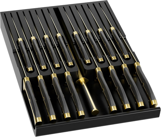 Bamboo In-drawer Knife Block - Kitchen Knife Drawer Organizer Insert, Knife Holder without Knives Large, Drawer Knife Organizer Fits for 16 knives and 1 Sharpening Steel (Not Included), Black