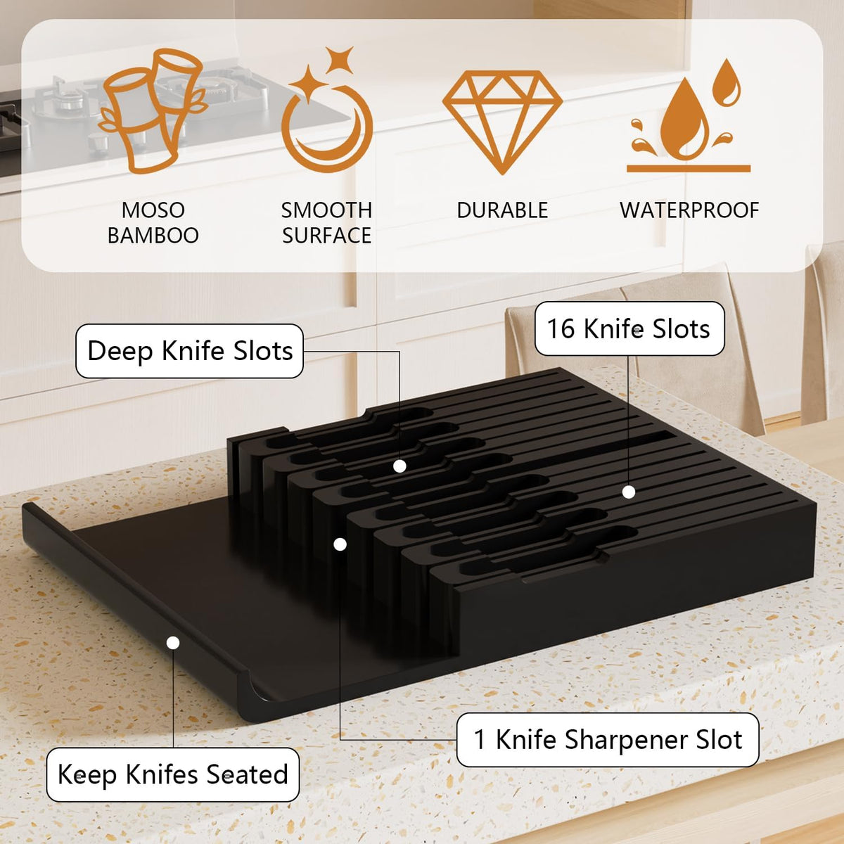 Bamboo In-drawer Knife Block - Kitchen Knife Drawer Organizer Insert, Knife Holder without Knives Large, Drawer Knife Organizer Fits for 16 knives and 1 Sharpening Steel (Not Included), Black