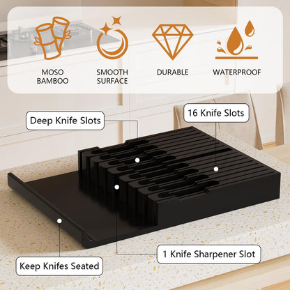 Bamboo In-drawer Knife Block - Kitchen Knife Drawer Organizer Insert, Knife Holder without Knives Large, Drawer Knife Organizer Fits for 16 knives and 1 Sharpening Steel (Not Included), Black