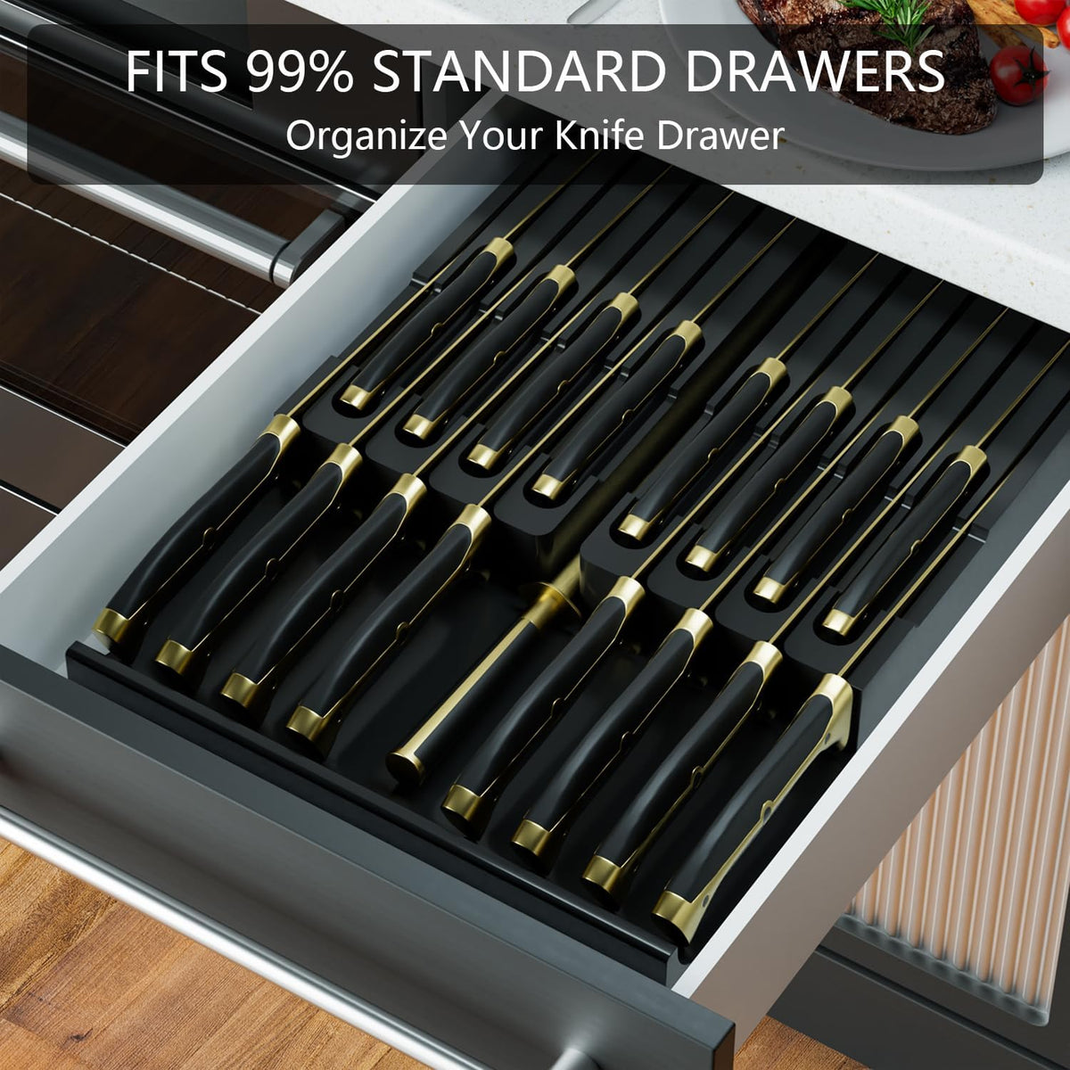 Bamboo In-drawer Knife Block - Kitchen Knife Drawer Organizer Insert, Knife Holder without Knives Large, Drawer Knife Organizer Fits for 16 knives and 1 Sharpening Steel (Not Included), Black