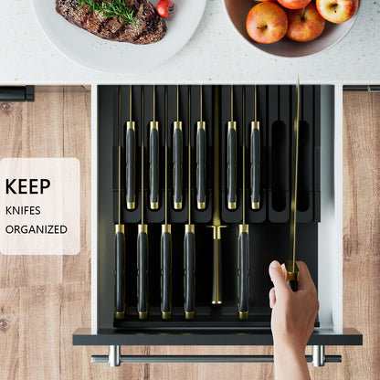 Bamboo In-drawer Knife Block - Kitchen Knife Drawer Organizer Insert, Knife Holder without Knives Large, Drawer Knife Organizer Fits for 16 knives and 1 Sharpening Steel (Not Included), Black