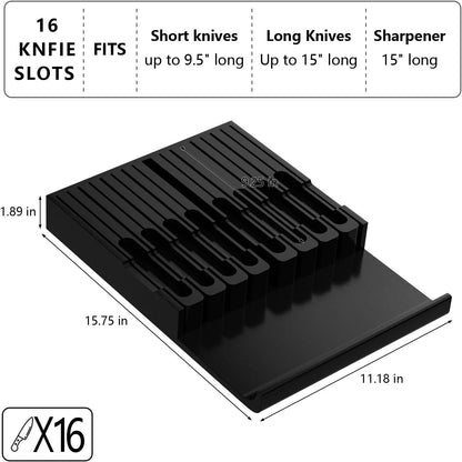 Bamboo In-drawer Knife Block - Kitchen Knife Drawer Organizer Insert, Knife Holder without Knives Large, Drawer Knife Organizer Fits for 16 knives and 1 Sharpening Steel (Not Included), Black