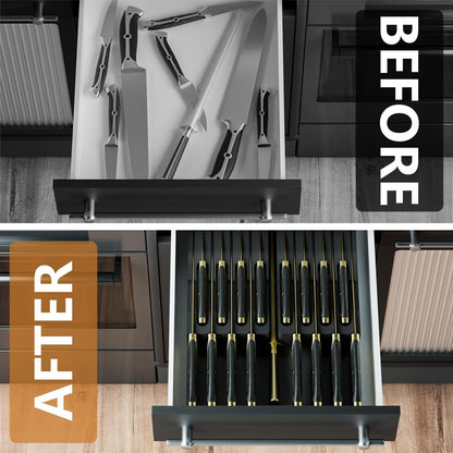 Bamboo In-drawer Knife Block - Kitchen Knife Drawer Organizer Insert, Knife Holder without Knives Large, Drawer Knife Organizer Fits for 16 knives and 1 Sharpening Steel (Not Included), Black
