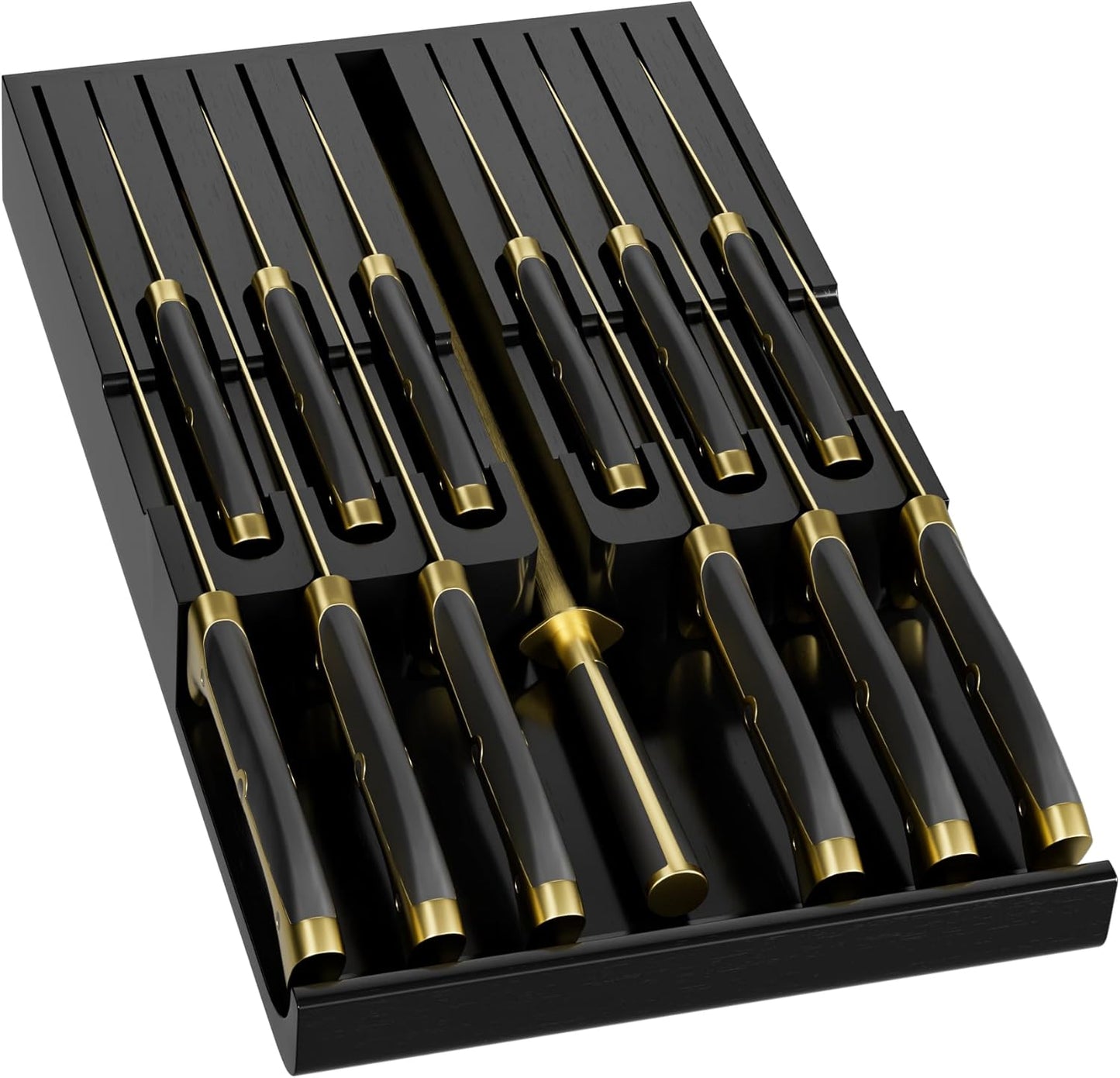 Bamboo In-drawer Knife Block - Kitchen Knife Drawer Organizer Insert, Knife Holder without Knives Large, Drawer Knife Organizer Fits for 16 knives and 1 Sharpening Steel (Not Included), Black