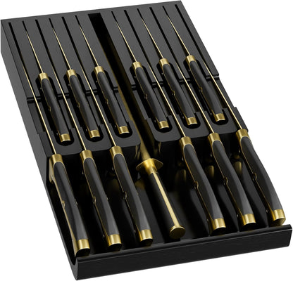 Bamboo In-drawer Knife Block - Kitchen Knife Drawer Organizer Insert, Knife Holder without Knives Large, Drawer Knife Organizer Fits for 16 knives and 1 Sharpening Steel (Not Included), Black