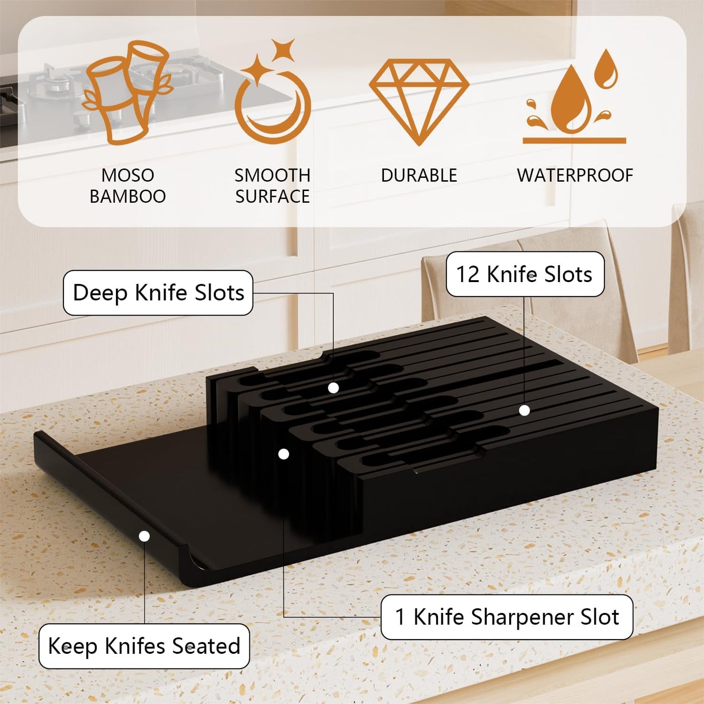 Bamboo In-drawer Knife Block - Kitchen Knife Drawer Organizer Insert, Knife Holder without Knives Large, Drawer Knife Organizer Fits for 16 knives and 1 Sharpening Steel (Not Included), Black