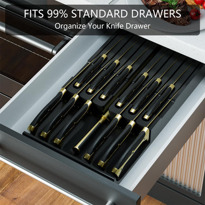 Bamboo In-drawer Knife Block - Kitchen Knife Drawer Organizer Insert, Knife Holder without Knives Large, Drawer Knife Organizer Fits for 16 knives and 1 Sharpening Steel (Not Included), Black