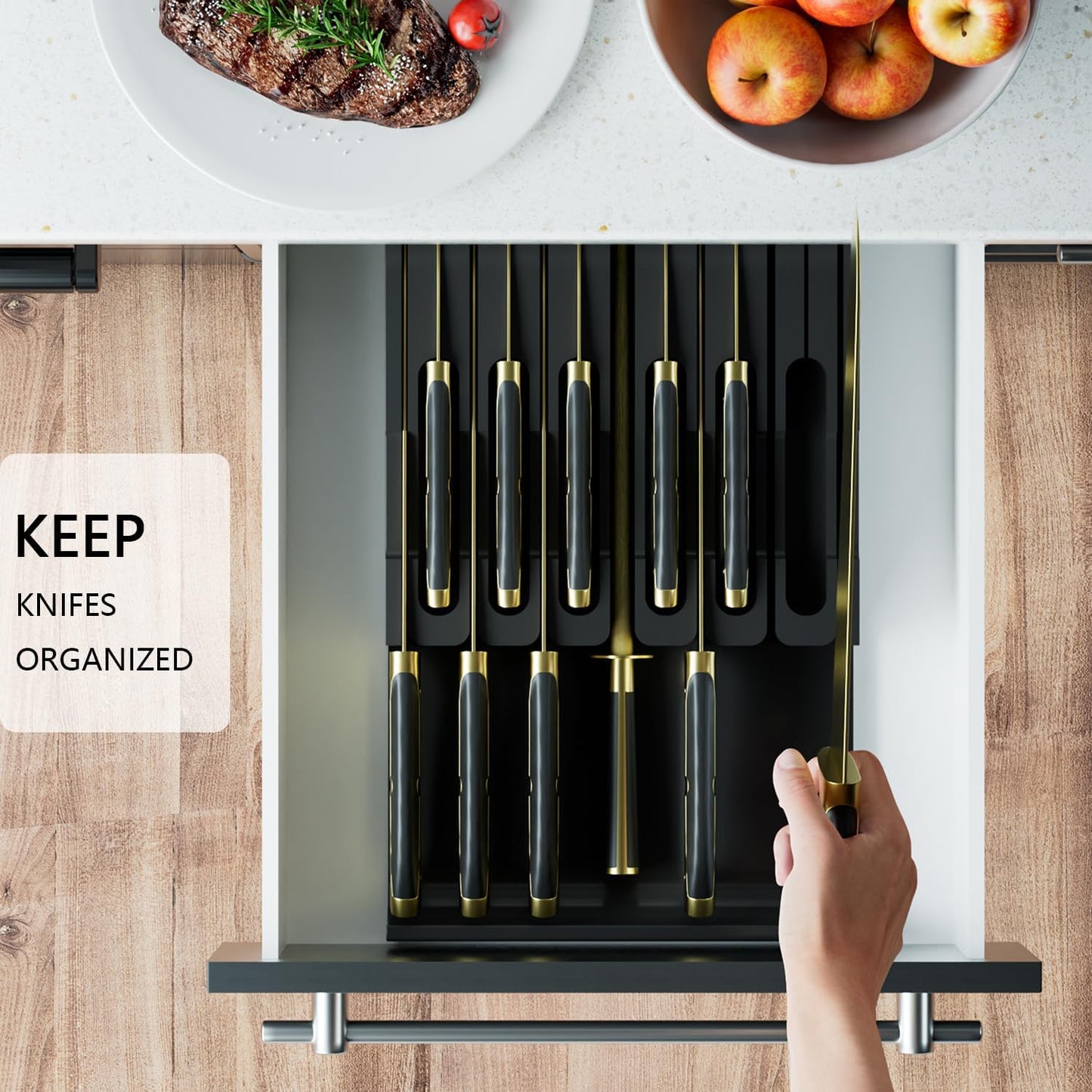 Bamboo In-drawer Knife Block - Kitchen Knife Drawer Organizer Insert, Knife Holder without Knives Large, Drawer Knife Organizer Fits for 16 knives and 1 Sharpening Steel (Not Included), Black