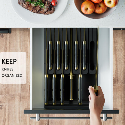 Bamboo In-drawer Knife Block - Kitchen Knife Drawer Organizer Insert, Knife Holder without Knives Large, Drawer Knife Organizer Fits for 16 knives and 1 Sharpening Steel (Not Included), Black
