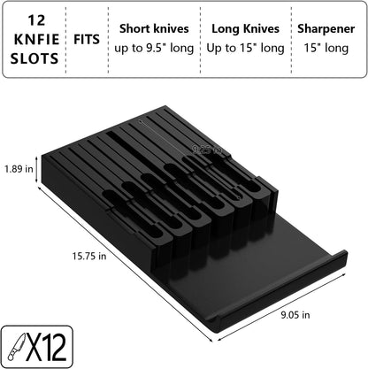 Bamboo In-drawer Knife Block - Kitchen Knife Drawer Organizer Insert, Knife Holder without Knives Large, Drawer Knife Organizer Fits for 16 knives and 1 Sharpening Steel (Not Included), Black