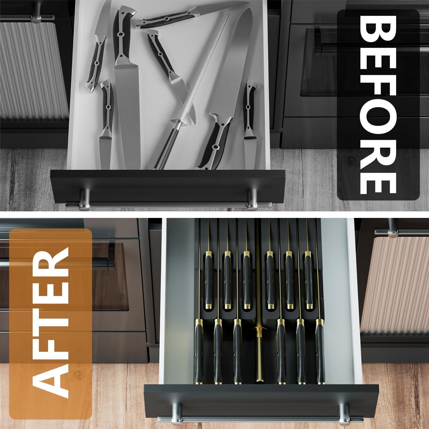 Bamboo In-drawer Knife Block - Kitchen Knife Drawer Organizer Insert, Knife Holder without Knives Large, Drawer Knife Organizer Fits for 16 knives and 1 Sharpening Steel (Not Included), Black