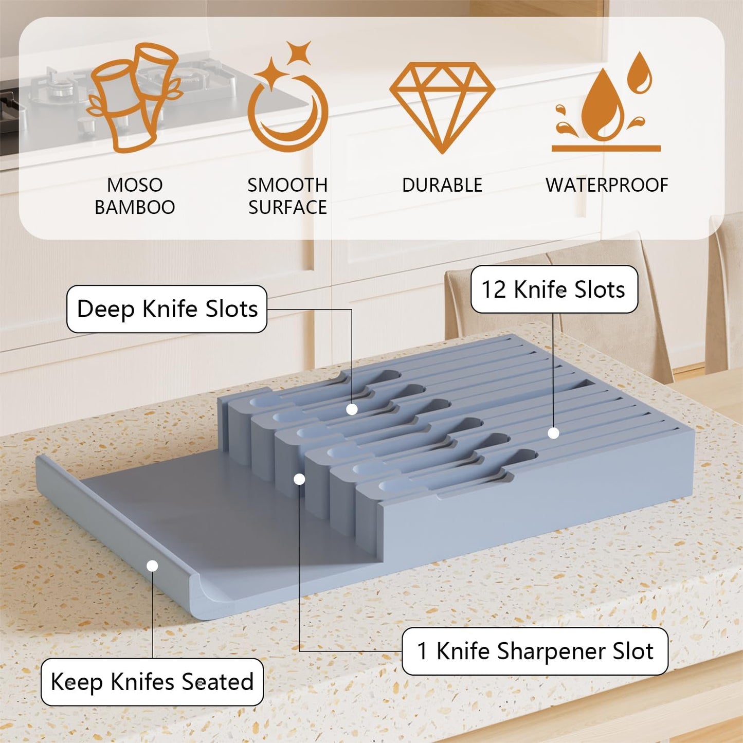 Bamboo In-drawer Knife Block - Kitchen Knife Drawer Organizer Insert, Knife Holder without Knives Large, Drawer Knife Organizer Fits for 16 knives and 1 Sharpening Steel (Not Included), Black