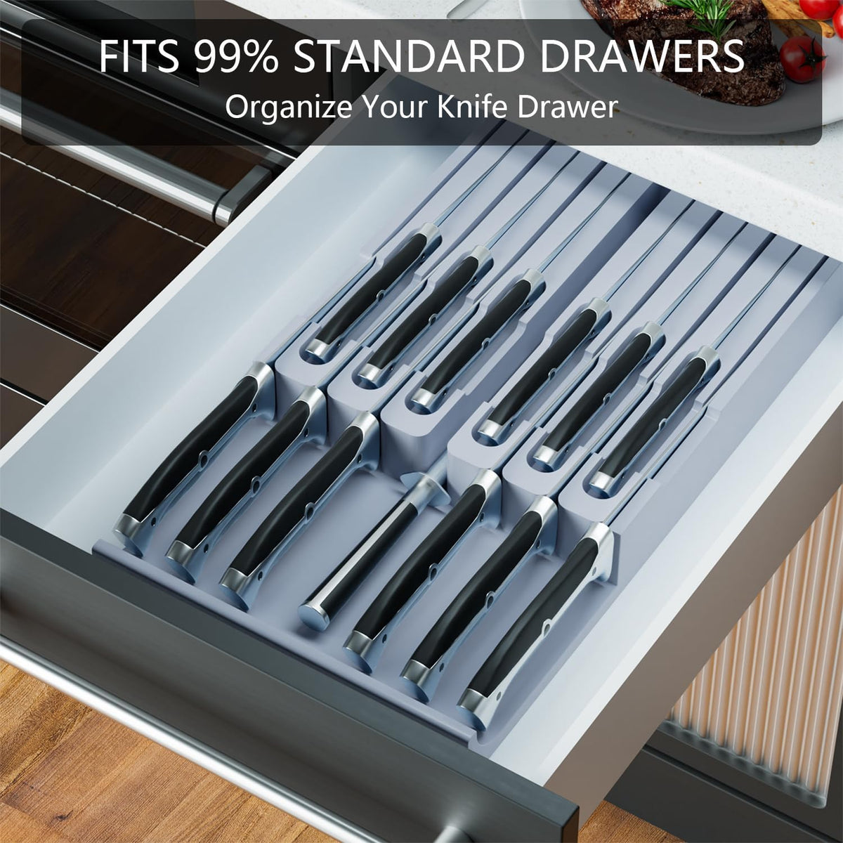 Bamboo In-drawer Knife Block - Kitchen Knife Drawer Organizer Insert, Knife Holder without Knives Large, Drawer Knife Organizer Fits for 16 knives and 1 Sharpening Steel (Not Included), Black