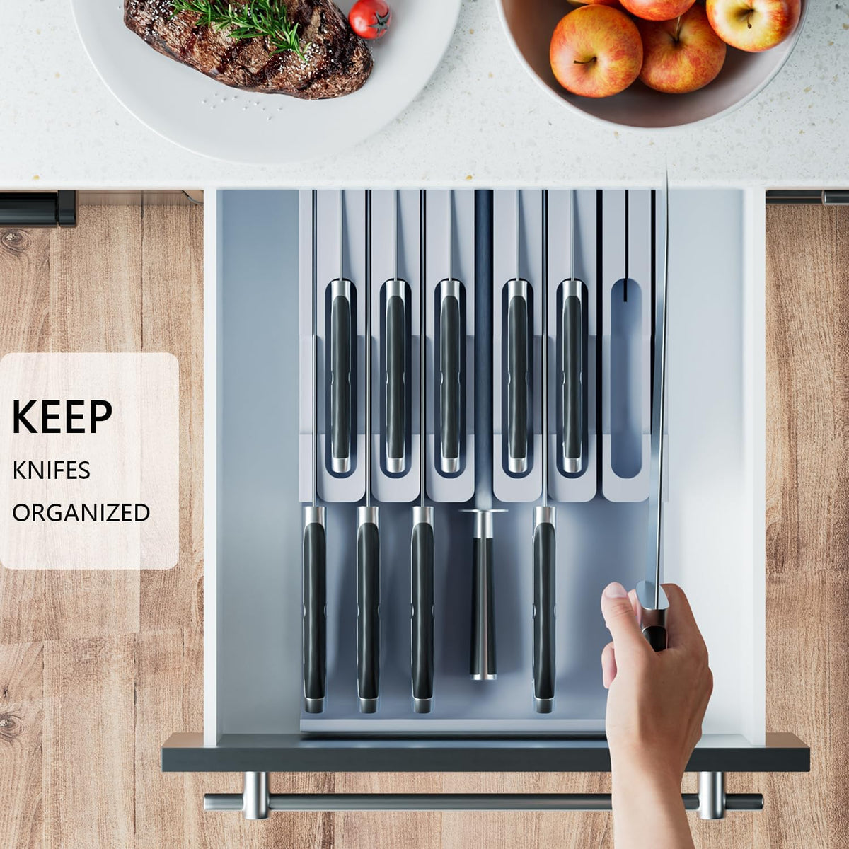 Bamboo In-drawer Knife Block - Kitchen Knife Drawer Organizer Insert, Knife Holder without Knives Large, Drawer Knife Organizer Fits for 16 knives and 1 Sharpening Steel (Not Included), Black