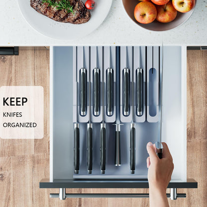 Bamboo In-drawer Knife Block - Kitchen Knife Drawer Organizer Insert, Knife Holder without Knives Large, Drawer Knife Organizer Fits for 16 knives and 1 Sharpening Steel (Not Included), Black