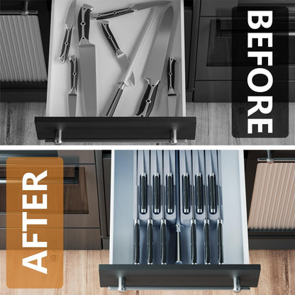 Bamboo In-drawer Knife Block - Kitchen Knife Drawer Organizer Insert, Knife Holder without Knives Large, Drawer Knife Organizer Fits for 16 knives and 1 Sharpening Steel (Not Included), Black