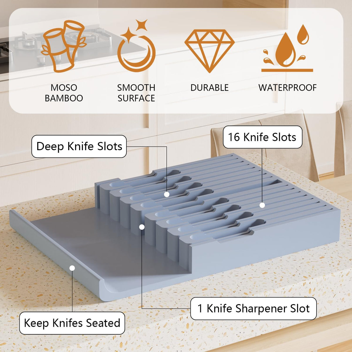 Bamboo In-drawer Knife Block - Kitchen Knife Drawer Organizer Insert, Knife Holder without Knives Large, Drawer Knife Organizer Fits for 16 knives and 1 Sharpening Steel (Not Included), Black