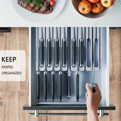 Bamboo In-drawer Knife Block - Kitchen Knife Drawer Organizer Insert, Knife Holder without Knives Large, Drawer Knife Organizer Fits for 16 knives and 1 Sharpening Steel (Not Included), Black